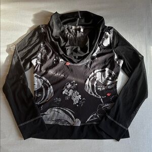 Y2K Sheer Black Floral Mesh Cowl Neck Long Sleeve Top